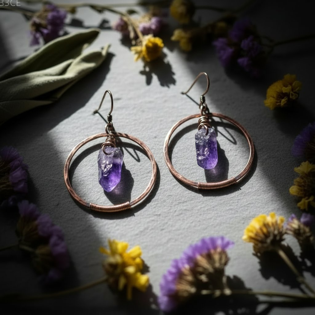 Santa Fe Marketplace Raw Amethyst Hoop Earrings | Raw Crystal Point | Handcrafted Electroformed Copper | Made to Order Product Image: Raw Amethyst Hoop Earrings | Raw Crystal Point | Handcrafted Electroformed Copper | Made to Order
