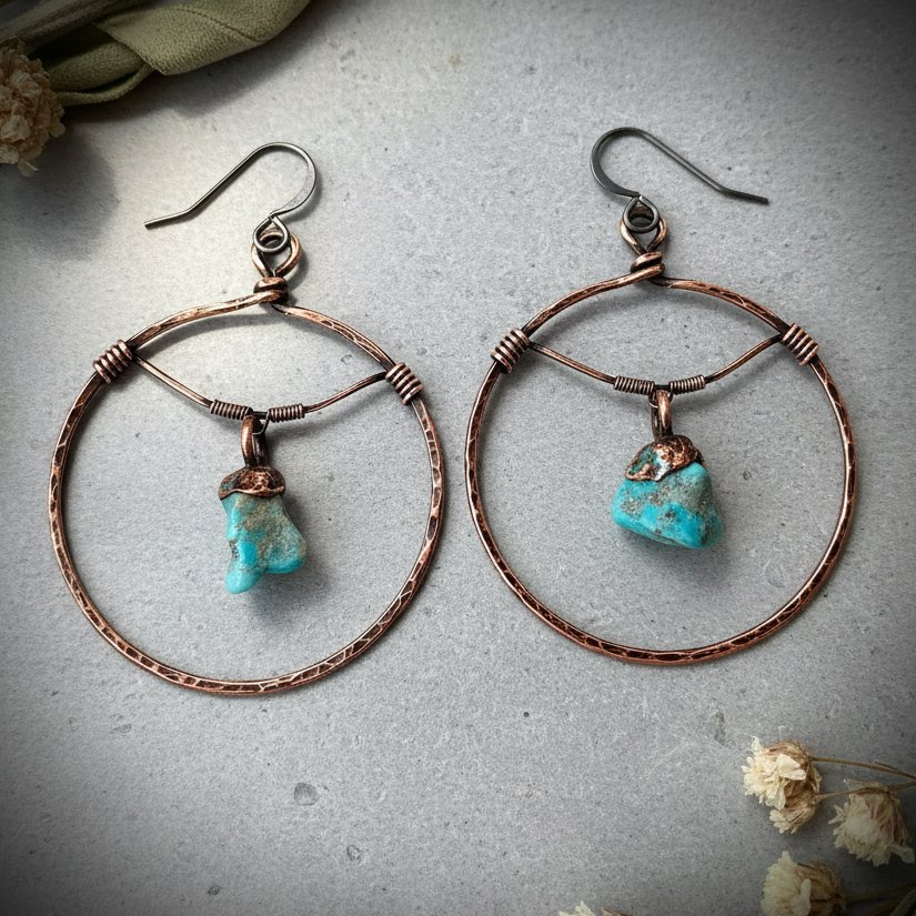 Santa Fe Marketplace Raw Turquoise Hoop Earrings | Statement Hoops | Handcrafted Electroformed Copper | Made to Order Product Image: Raw Turquoise Hoop Earrings | Statement Hoops | Handcrafted Electroformed Copper | Made to Order
