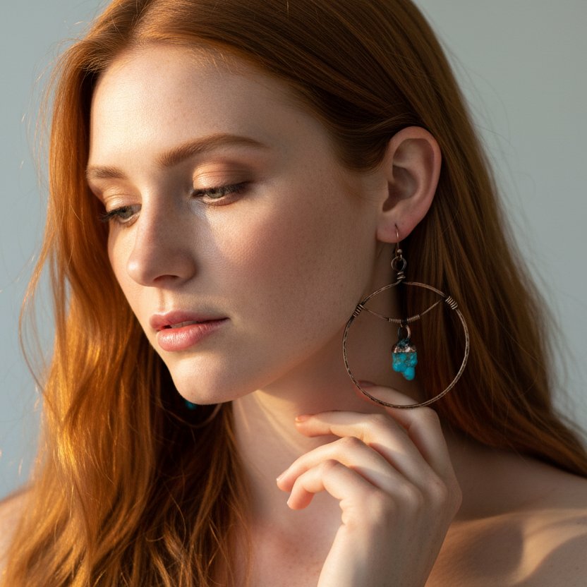 Santa Fe Marketplace Raw Turquoise Hoop Earrings | Statement Hoops | Handcrafted Electroformed Copper | Made to Order Product Image: Raw Turquoise Hoop Earrings | Statement Hoops | Handcrafted Electroformed Copper | Made to Order