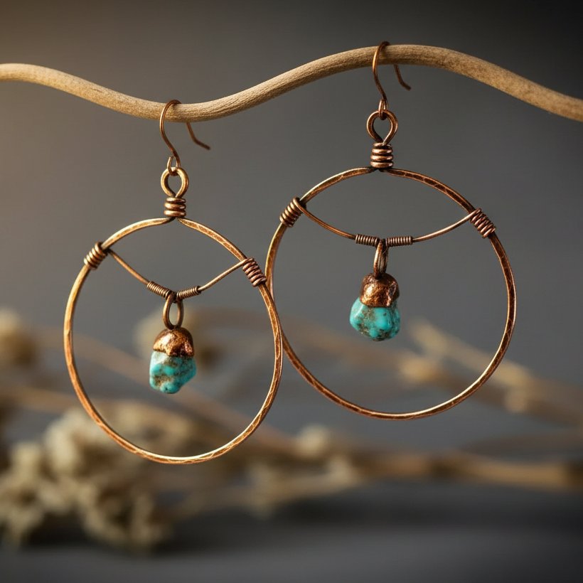 Santa Fe Marketplace Raw Turquoise Hoop Earrings | Statement Hoops | Handcrafted Electroformed Copper | Made to Order Product Image: Raw Turquoise Hoop Earrings | Statement Hoops | Handcrafted Electroformed Copper | Made to Order