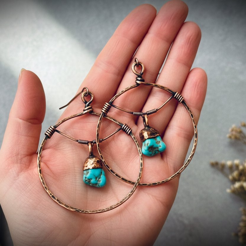 Santa Fe Marketplace Raw Turquoise Hoop Earrings | Statement Hoops | Handcrafted Electroformed Copper | Made to Order Product Image: Raw Turquoise Hoop Earrings | Statement Hoops | Handcrafted Electroformed Copper | Made to Order