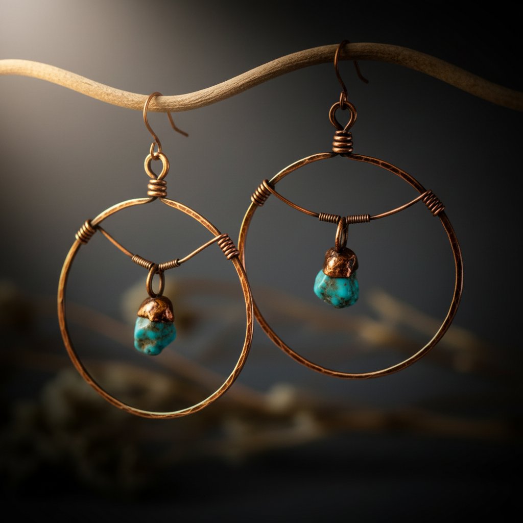 Santa Fe Marketplace Raw Turquoise Hoop Earrings | Statement Hoops | Handcrafted Electroformed Copper | Made to Order Product Image: Raw Turquoise Hoop Earrings | Statement Hoops | Handcrafted Electroformed Copper | Made to Order