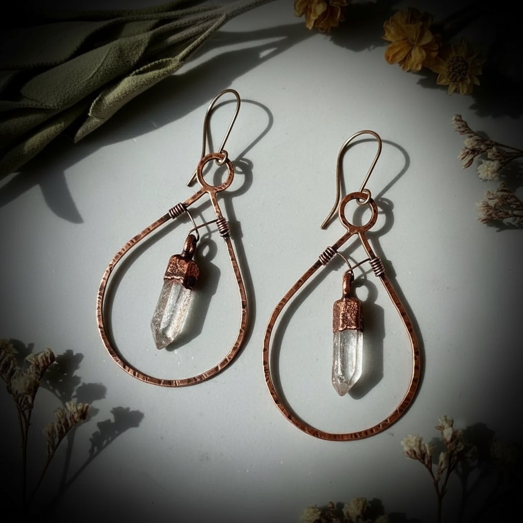 Santa Fe Marketplace Bronze Quartz Hoop Earrings | Raw Crystal Point | Handcrafted Bronze & Copper | Made to Order Product Image: Bronze Quartz Hoop Earrings | Raw Crystal Point | Handcrafted Bronze & Copper | Made to Order