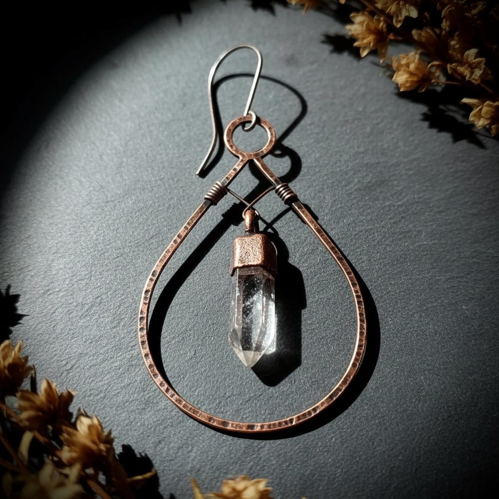 Santa Fe Marketplace Bronze Quartz Hoop Earrings | Raw Crystal Point | Handcrafted Bronze & Copper | Made to Order Product Image: Bronze Quartz Hoop Earrings | Raw Crystal Point | Handcrafted Bronze & Copper | Made to Order