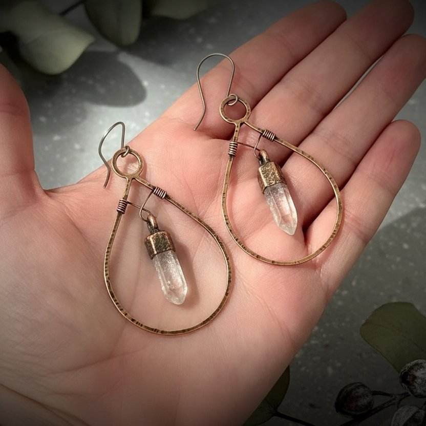 Santa Fe Marketplace Bronze Quartz Hoop Earrings | Raw Crystal Point | Handcrafted Bronze & Copper | Made to Order Product Image: Bronze Quartz Hoop Earrings | Raw Crystal Point | Handcrafted Bronze & Copper | Made to Order