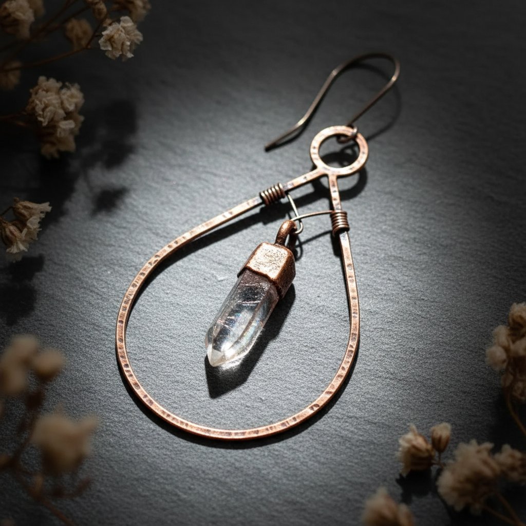 Santa Fe Marketplace Bronze Quartz Hoop Earrings | Raw Crystal Point | Handcrafted Bronze & Copper | Made to Order Product Image: Bronze Quartz Hoop Earrings | Raw Crystal Point | Handcrafted Bronze & Copper | Made to Order