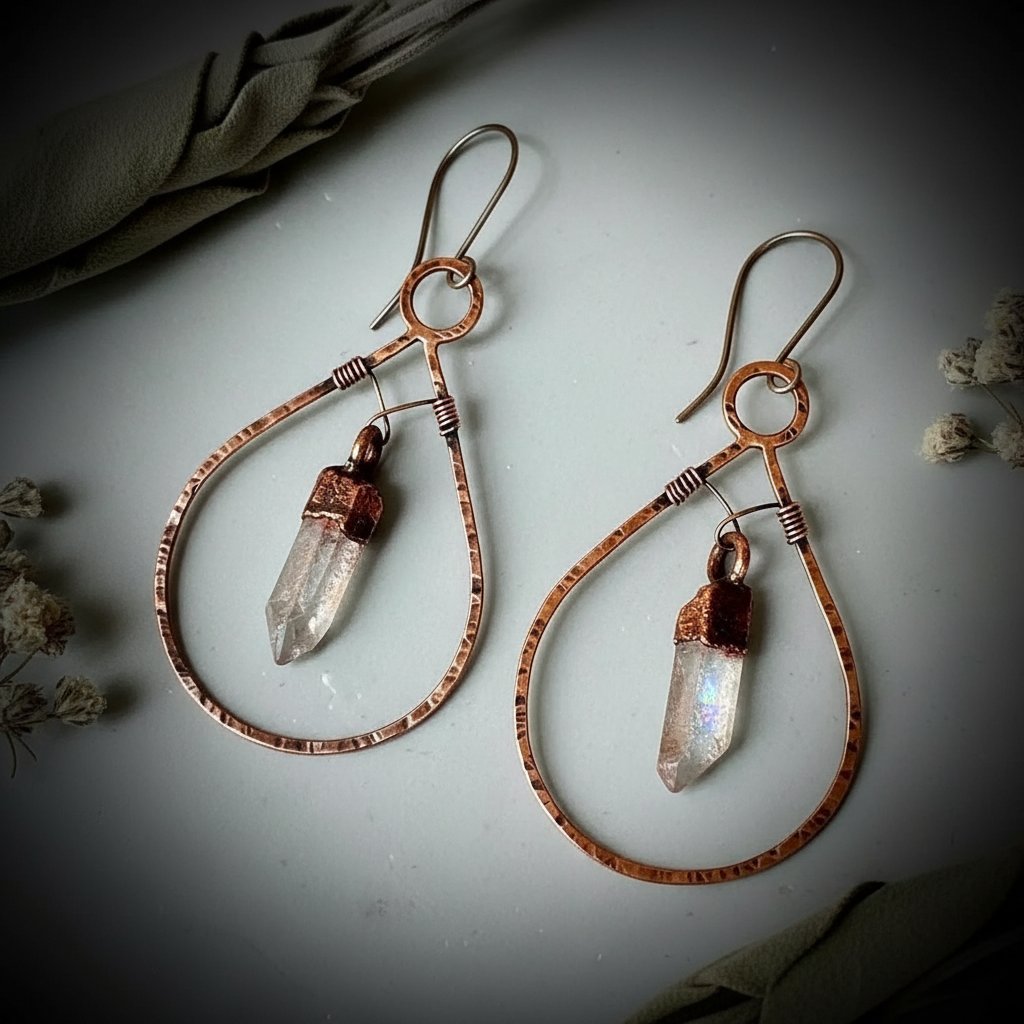 Santa Fe Marketplace Bronze Quartz Hoop Earrings | Raw Crystal Point | Handcrafted Bronze & Copper | Made to Order Product Image: Bronze Quartz Hoop Earrings | Raw Crystal Point | Handcrafted Bronze & Copper | Made to Order