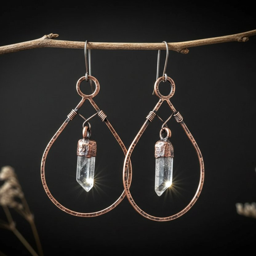 Santa Fe Marketplace Bronze Quartz Hoop Earrings | Raw Crystal Point | Handcrafted Bronze & Copper | Made to Order Product Image: Bronze Quartz Hoop Earrings | Raw Crystal Point | Handcrafted Bronze & Copper | Made to Order