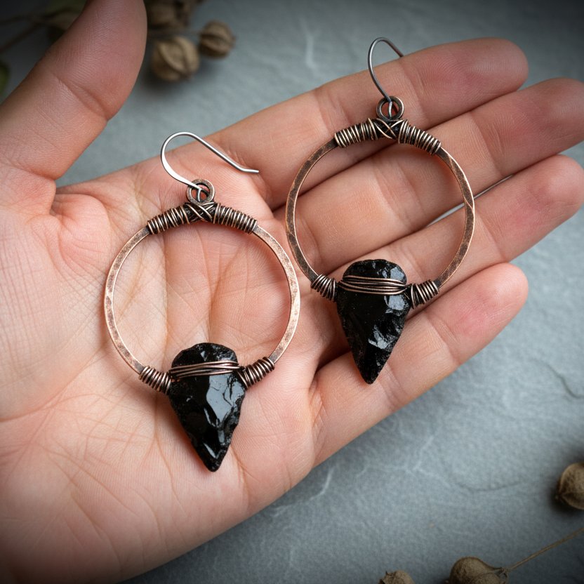 Santa Fe Marketplace Obsidian Arrowhead Hoop Earrings | Raw Arrowhead | Handcrafted Electroformed Copper | Made to Order Product Image: Obsidian Arrowhead Hoop Earrings | Raw Arrowhead | Handcrafted Electroformed Copper | Made to Order
