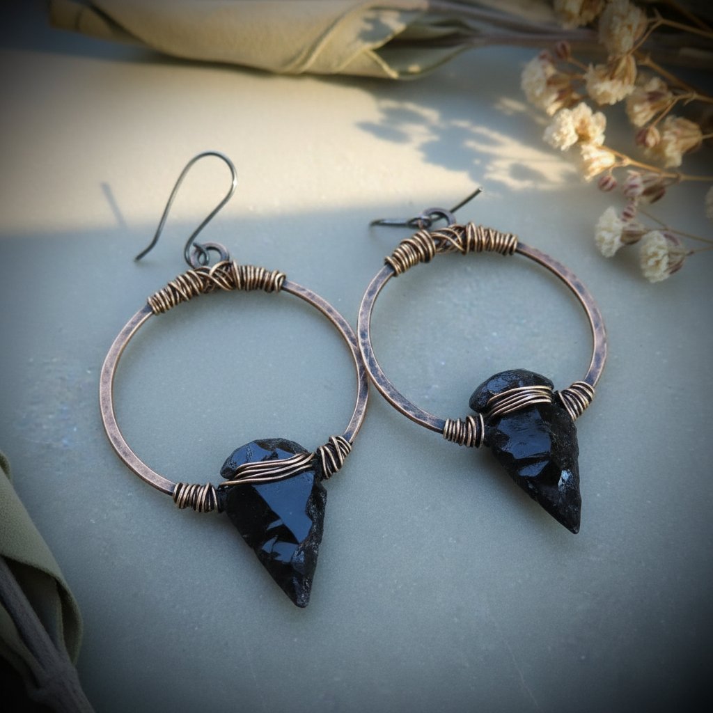 Santa Fe Marketplace Obsidian Arrowhead Hoop Earrings | Raw Arrowhead | Handcrafted Electroformed Copper | Made to Order Product Image: Obsidian Arrowhead Hoop Earrings | Raw Arrowhead | Handcrafted Electroformed Copper | Made to Order