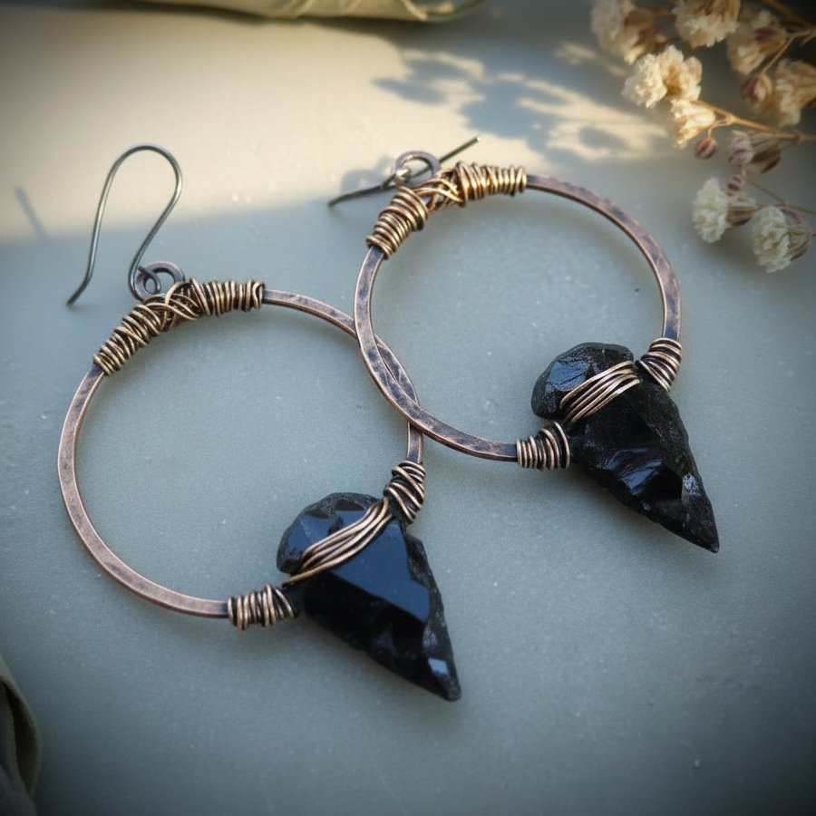 Santa Fe Marketplace Obsidian Arrowhead Hoop Earrings | Raw Arrowhead | Handcrafted Electroformed Copper | Made to Order Product Image: Obsidian Arrowhead Hoop Earrings | Raw Arrowhead | Handcrafted Electroformed Copper | Made to Order