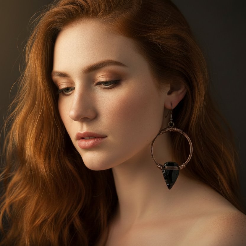 Santa Fe Marketplace Obsidian Arrowhead Hoop Earrings | Raw Arrowhead | Handcrafted Electroformed Copper | Made to Order Product Image: Obsidian Arrowhead Hoop Earrings | Raw Arrowhead | Handcrafted Electroformed Copper | Made to Order