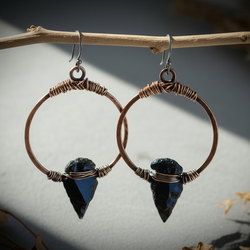 Santa Fe Marketplace Obsidian Arrowhead Hoop Earrings | Raw Arrowhead | Handcrafted Electroformed Copper | Made to Order Product Image: Obsidian Arrowhead Hoop Earrings | Raw Arrowhead | Handcrafted Electroformed Copper | Made to Order