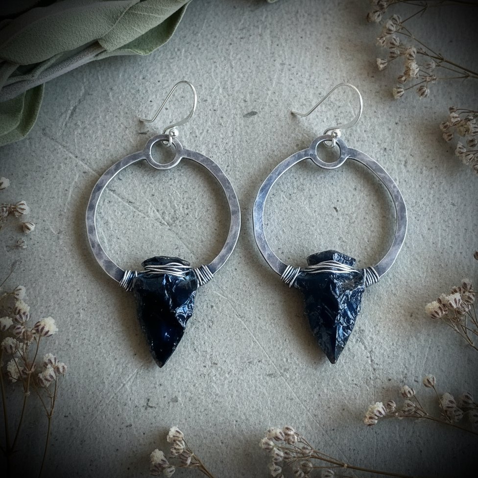 Santa Fe Marketplace Obsidian Arrowhead Hoop Earrings | Raw Arrowhead | Handcrafted Sterling Silver | Made to Order Product Image: Obsidian Arrowhead Hoop Earrings | Raw Arrowhead | Handcrafted Sterling Silver | Made to Order