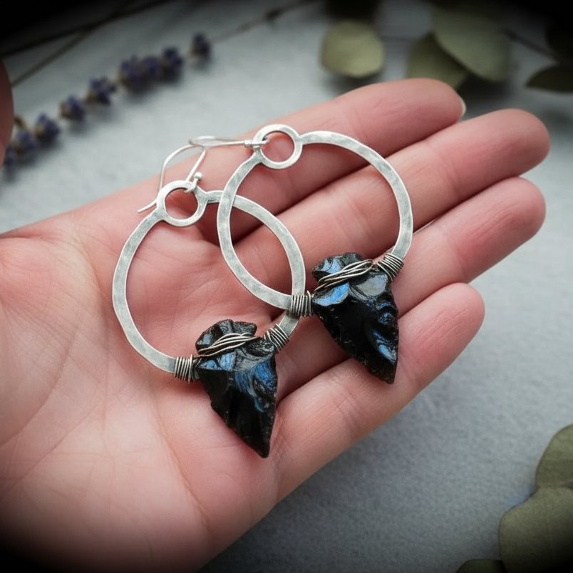 Santa Fe Marketplace Obsidian Arrowhead Hoop Earrings | Raw Arrowhead | Handcrafted Sterling Silver | Made to Order Product Image: Obsidian Arrowhead Hoop Earrings | Raw Arrowhead | Handcrafted Sterling Silver | Made to Order