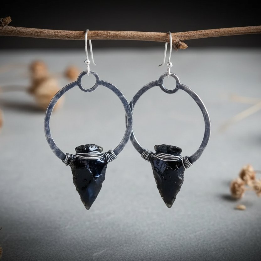 Santa Fe Marketplace Obsidian Arrowhead Hoop Earrings | Raw Arrowhead | Handcrafted Sterling Silver | Made to Order Product Image: Obsidian Arrowhead Hoop Earrings | Raw Arrowhead | Handcrafted Sterling Silver | Made to Order