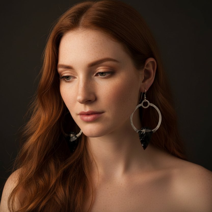 Santa Fe Marketplace Obsidian Arrowhead Hoop Earrings | Raw Arrowhead | Handcrafted Sterling Silver | Made to Order Product Image: Obsidian Arrowhead Hoop Earrings | Raw Arrowhead | Handcrafted Sterling Silver | Made to Order