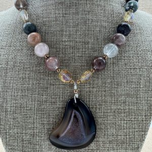 Santa Fe Marketplace Necklace: Druzy Browns Freeform, Brown Shades Rutile Quartz, Faceted Czech Glass, 16″+2″ Sterling Extender Product Image: Necklace: Druzy Browns Freeform, Brown Shades Rutile Quartz, Faceted Czech Glass, 16″+2″ Sterling Extender