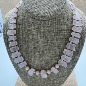 Santa Fe Marketplace Necklace: Rose Quartz Rough Cut Spike Collar Necklace 17″+2″ Sterling Extender. One of a Kind Product Image: Necklace: Rose Quartz Rough Cut Spike Collar Necklace 17″+2″ Sterling Extender. One of a Kind