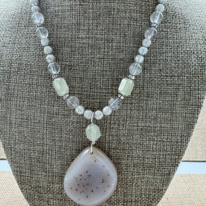 Santa Fe Marketplace Necklace: Druzy Spotted Freeform, Faceted Cultured Pearl, Rutile Quartz 16″+2″ Sterling Extender, One of a Kind Product Image: Necklace: Druzy Spotted Freeform, Faceted Cultured Pearl, Rutile Quartz 16″+2″ Sterling Extender, One of a Kind