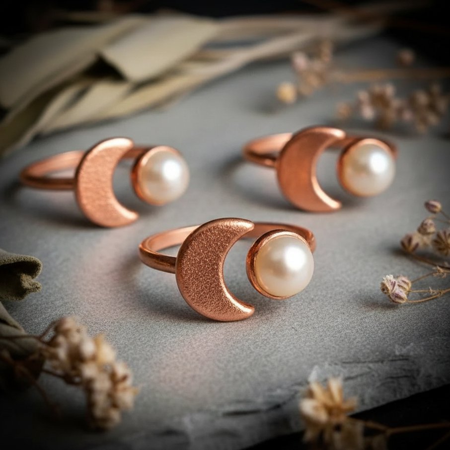 Santa Fe Marketplace Crescent Moon Pearl Ring | Electroformed Copper | Made to Order Product Image: Crescent Moon Pearl Ring | Electroformed Copper | Made to Order