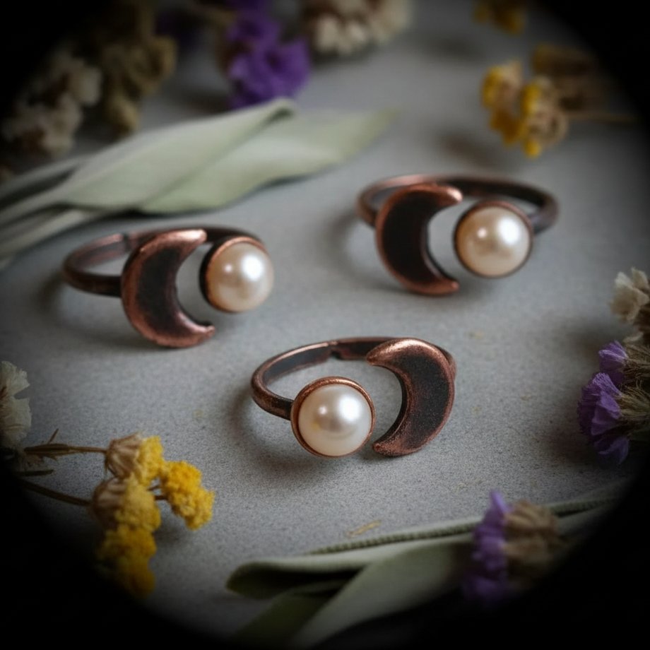 Santa Fe Marketplace Crescent Moon Pearl Ring | Electroformed Copper | Made to Order Product Image: Crescent Moon Pearl Ring | Electroformed Copper | Made to Order