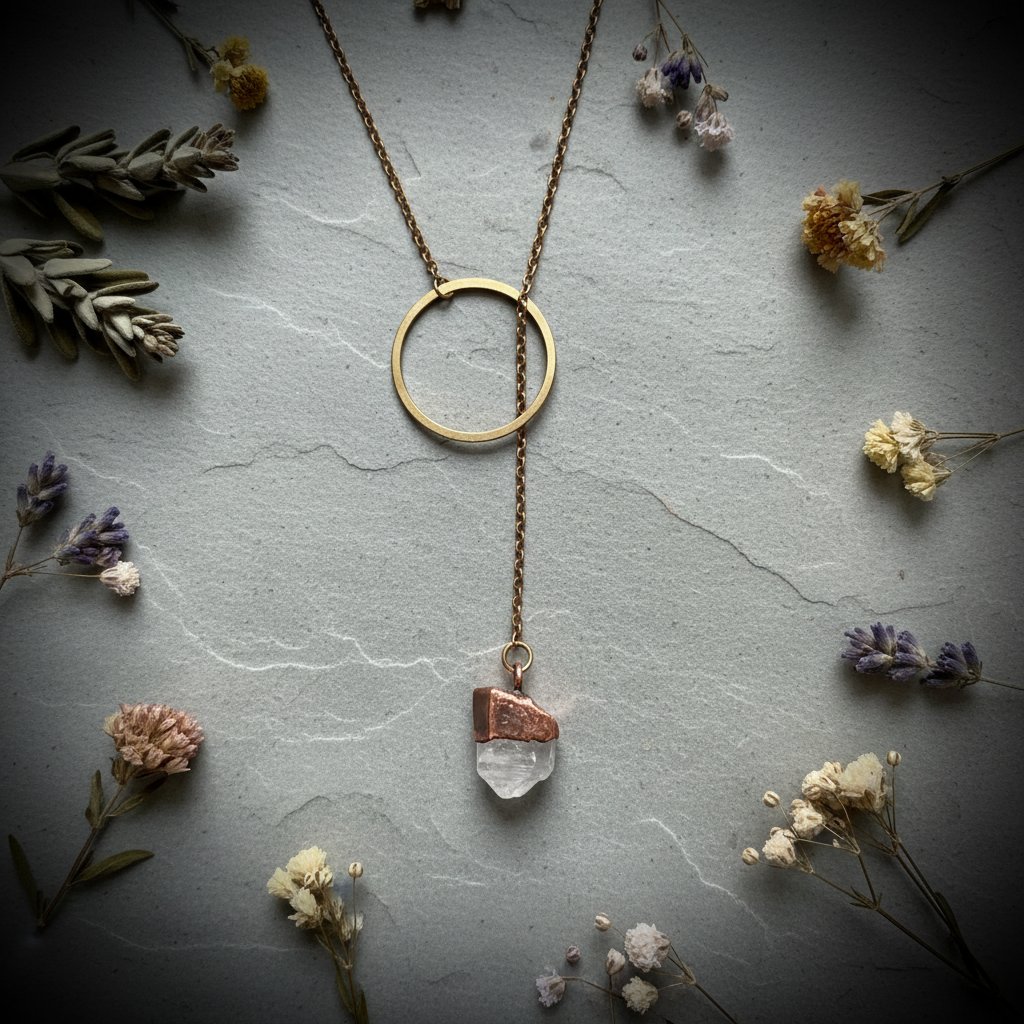 Santa Fe Marketplace Raw Quartz Lariat Necklace | Copper Electroformed Crystal Talisman | Ready to Ship Product Image: Raw Quartz Lariat Necklace | Copper Electroformed Crystal Talisman | Ready to Ship