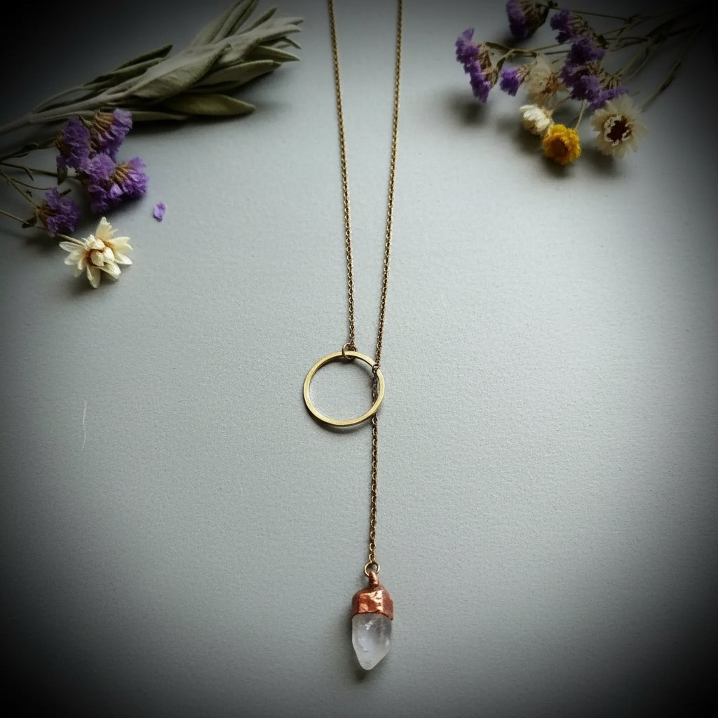 Santa Fe Marketplace Raw Quartz Lariat Necklace | Copper Electroformed Crystal Talisman | Ready to Ship Product Image: Raw Quartz Lariat Necklace | Copper Electroformed Crystal Talisman | Ready to Ship