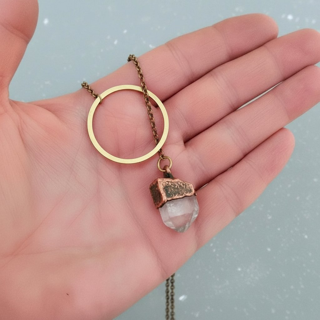 Santa Fe Marketplace Raw Quartz Lariat Necklace | Copper Electroformed Crystal Talisman | Ready to Ship Product Image: Raw Quartz Lariat Necklace | Copper Electroformed Crystal Talisman | Ready to Ship