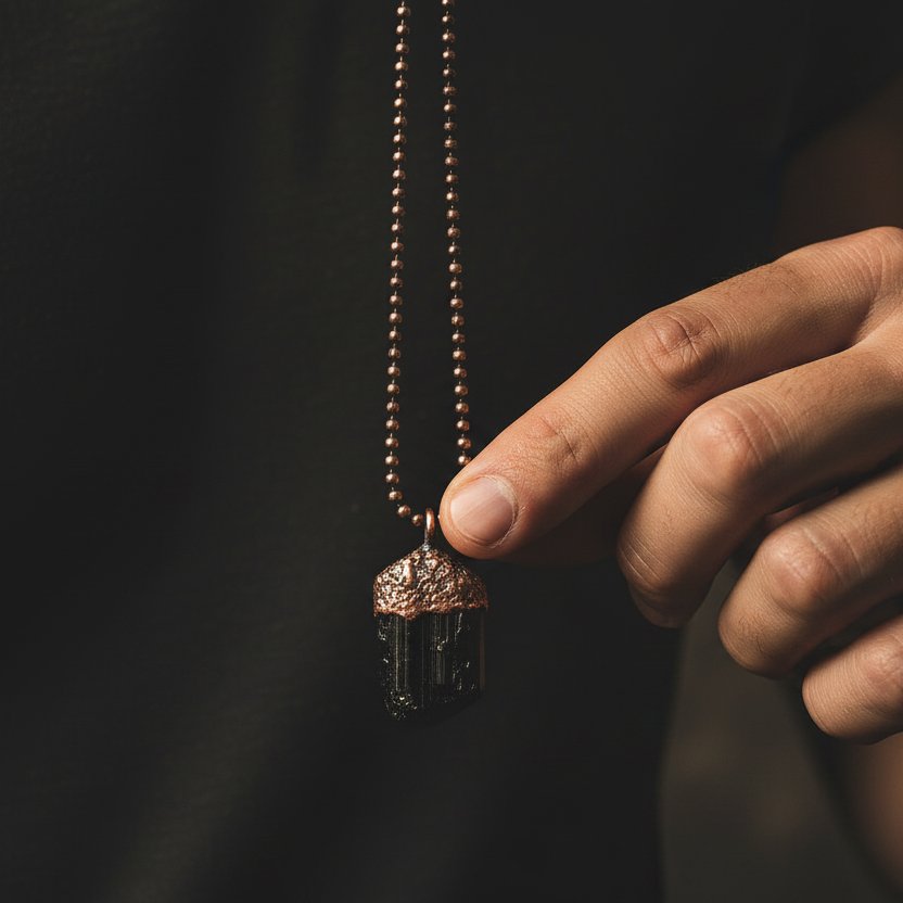 Santa Fe Marketplace Raw Black Tourmaline Necklace | Men’s Raw Crystal | Handcrafted Electroformed Copper | Made to Order Product Image: Raw Black Tourmaline Necklace | Men’s Raw Crystal | Handcrafted Electroformed Copper | Made to Order