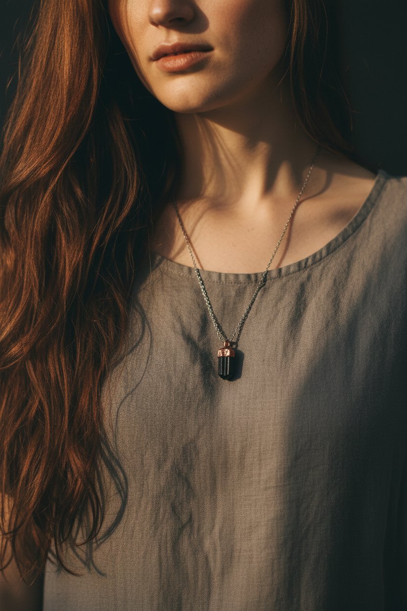 Santa Fe Marketplace Raw Black Tourmaline Necklace | Electroformed Copper Cap | Stainless Steel Chain | Ready to Ship Product Image: Raw Black Tourmaline Necklace | Electroformed Copper Cap | Stainless Steel Chain | Ready to Ship
