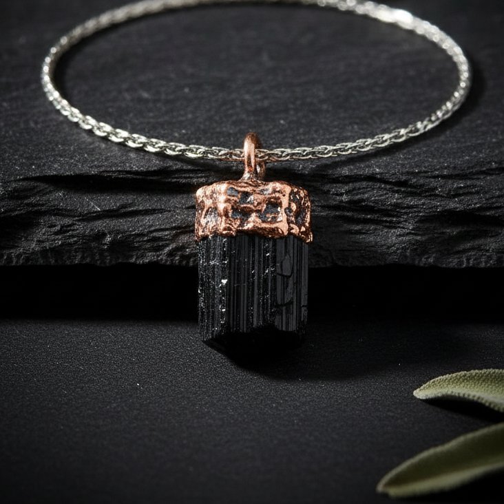Santa Fe Marketplace Raw Black Tourmaline Necklace | Electroformed Copper Cap | Stainless Steel Chain | Ready to Ship Product Image: Raw Black Tourmaline Necklace | Electroformed Copper Cap | Stainless Steel Chain | Ready to Ship