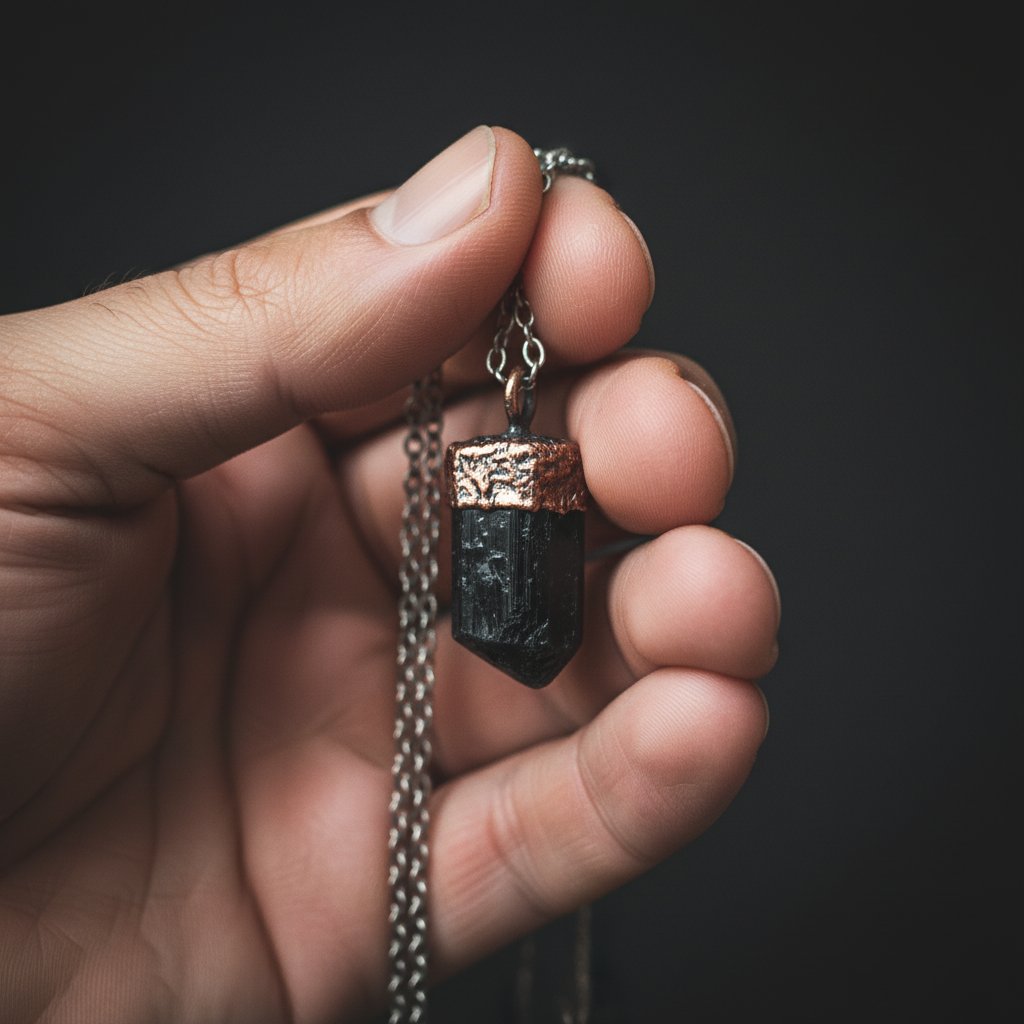 Santa Fe Marketplace Raw Black Tourmaline Necklace | Electroformed Copper Cap | Stainless Steel Chain | Ready to Ship Product Image: Raw Black Tourmaline Necklace | Electroformed Copper Cap | Stainless Steel Chain | Ready to Ship