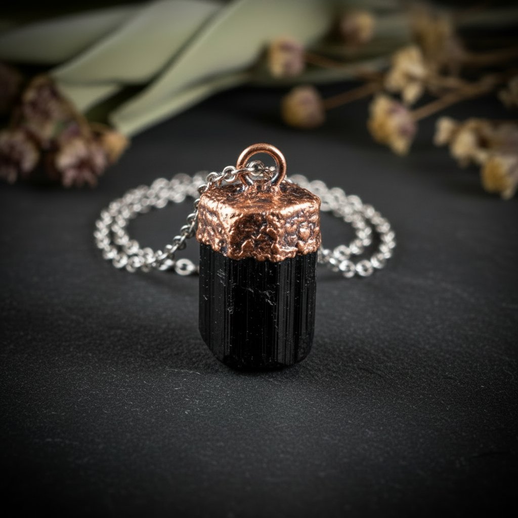 Santa Fe Marketplace Raw Black Tourmaline Necklace | Electroformed Copper Cap | Stainless Steel Chain | Ready to Ship Product Image: Raw Black Tourmaline Necklace | Electroformed Copper Cap | Stainless Steel Chain | Ready to Ship