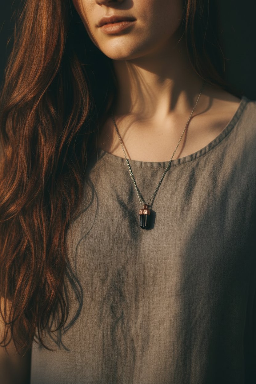 Santa Fe Marketplace Raw Black Tourmaline Necklace | Electroformed Copper Cap | Stainless Steel Chain | Ready to Ship Product Image: Raw Black Tourmaline Necklace | Electroformed Copper Cap | Stainless Steel Chain | Ready to Ship
