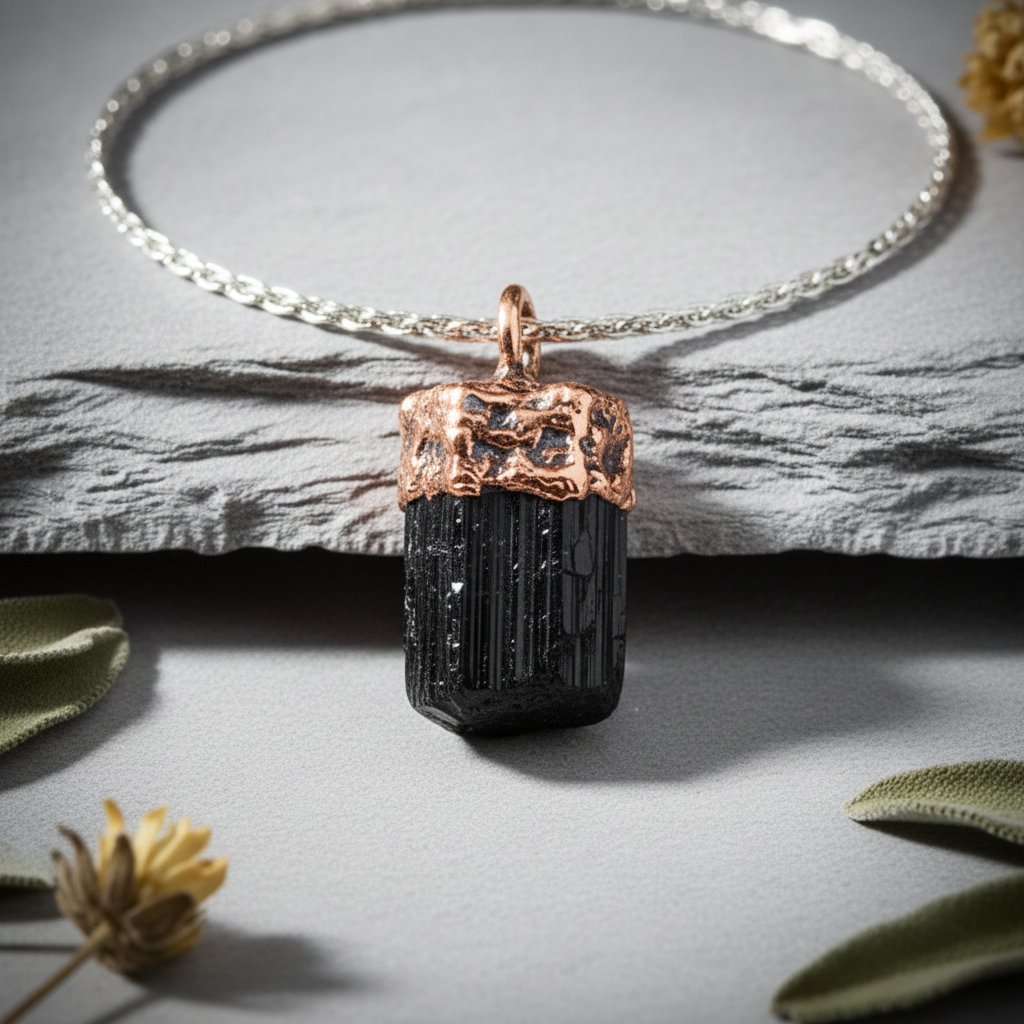 Santa Fe Marketplace Raw Black Tourmaline Necklace | Electroformed Copper Cap | Stainless Steel Chain | Ready to Ship Product Image: Raw Black Tourmaline Necklace | Electroformed Copper Cap | Stainless Steel Chain | Ready to Ship