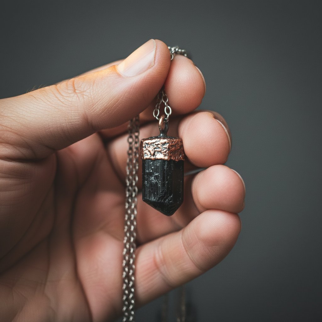 Santa Fe Marketplace Raw Black Tourmaline Necklace | Electroformed Copper Cap | Stainless Steel Chain | Ready to Ship Product Image: Raw Black Tourmaline Necklace | Electroformed Copper Cap | Stainless Steel Chain | Ready to Ship