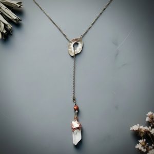 Product Image: Raw Quartz Lariat Necklace | Agate Slider | Pyrite & Sandalwood | Handcrafted Copper & Brass | Made to Order