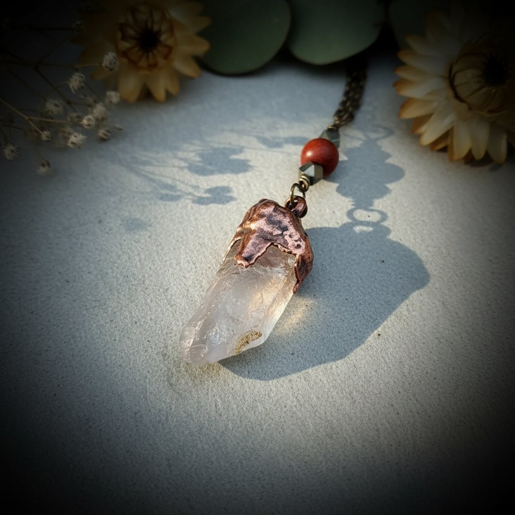 Santa Fe Marketplace Raw Quartz Lariat Necklace | Agate Slider | Pyrite & Sandalwood | Handcrafted Copper & Brass | Made to Order Product Image: Raw Quartz Lariat Necklace | Agate Slider | Pyrite & Sandalwood | Handcrafted Copper & Brass | Made to Order