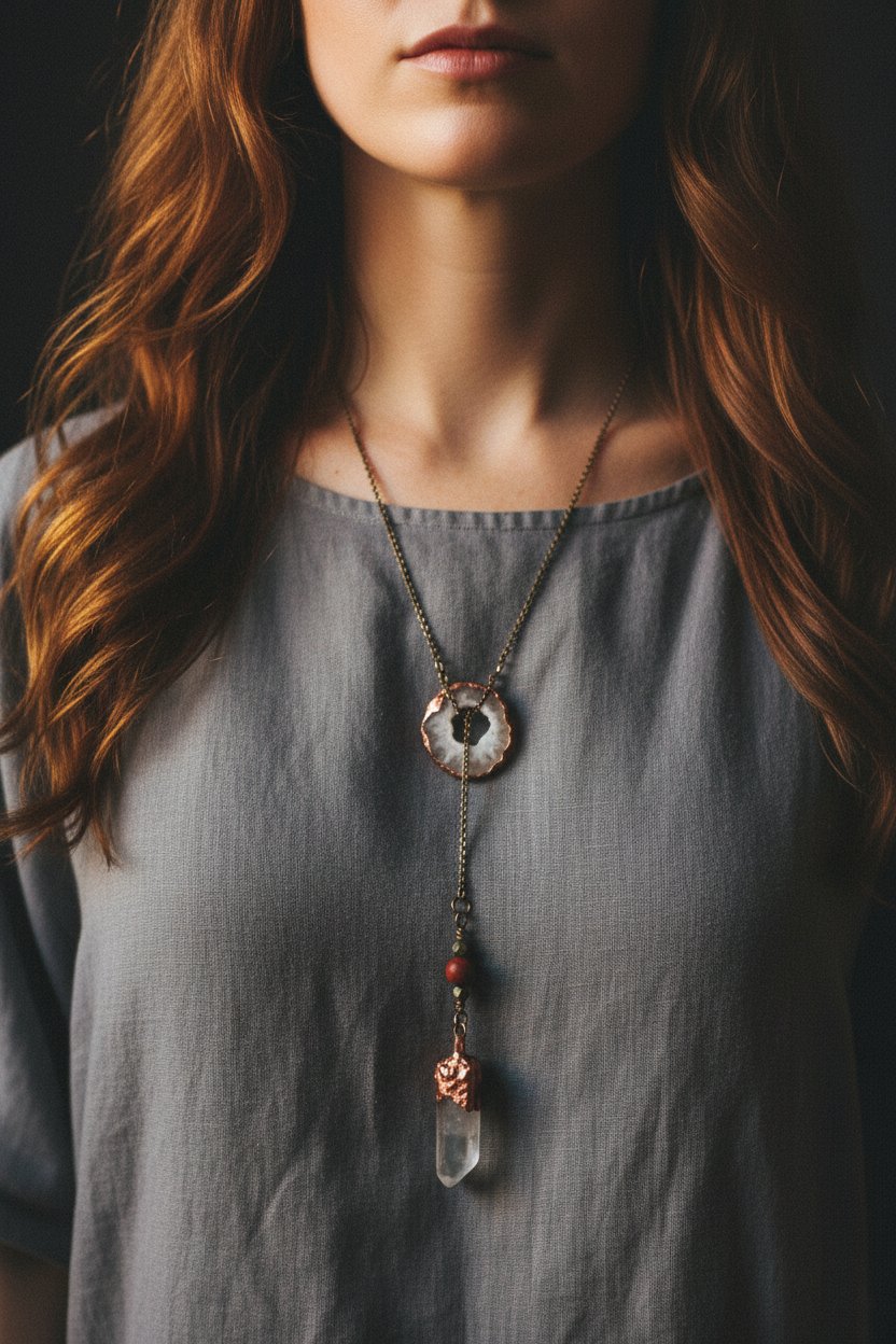 Santa Fe Marketplace Raw Quartz Lariat Necklace | Agate Slider | Pyrite & Sandalwood | Handcrafted Copper & Brass | Made to Order Product Image: Raw Quartz Lariat Necklace | Agate Slider | Pyrite & Sandalwood | Handcrafted Copper & Brass | Made to Order