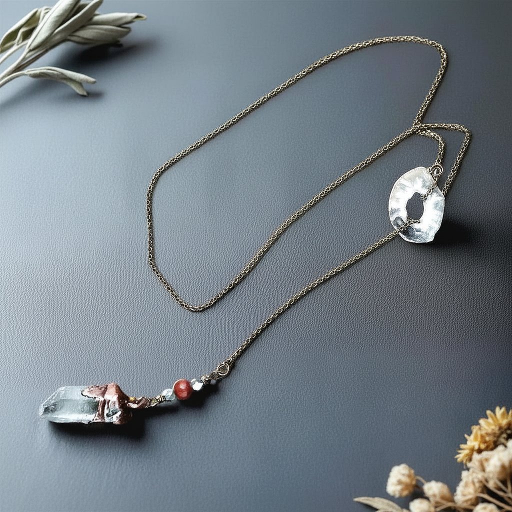 Santa Fe Marketplace Raw Quartz Lariat Necklace | Agate Slider | Pyrite & Sandalwood | Handcrafted Copper & Brass | Made to Order Product Image: Raw Quartz Lariat Necklace | Agate Slider | Pyrite & Sandalwood | Handcrafted Copper & Brass | Made to Order