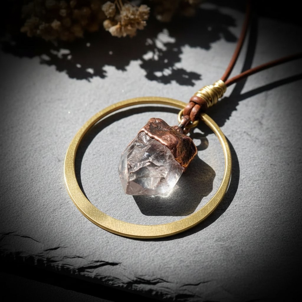 Santa Fe Marketplace Quartz Point Hoop Necklace | Raw Crystal | Handcrafted Brass & Copper | Made to Order Product Image: Quartz Point Hoop Necklace | Raw Crystal | Handcrafted Brass & Copper | Made to Order