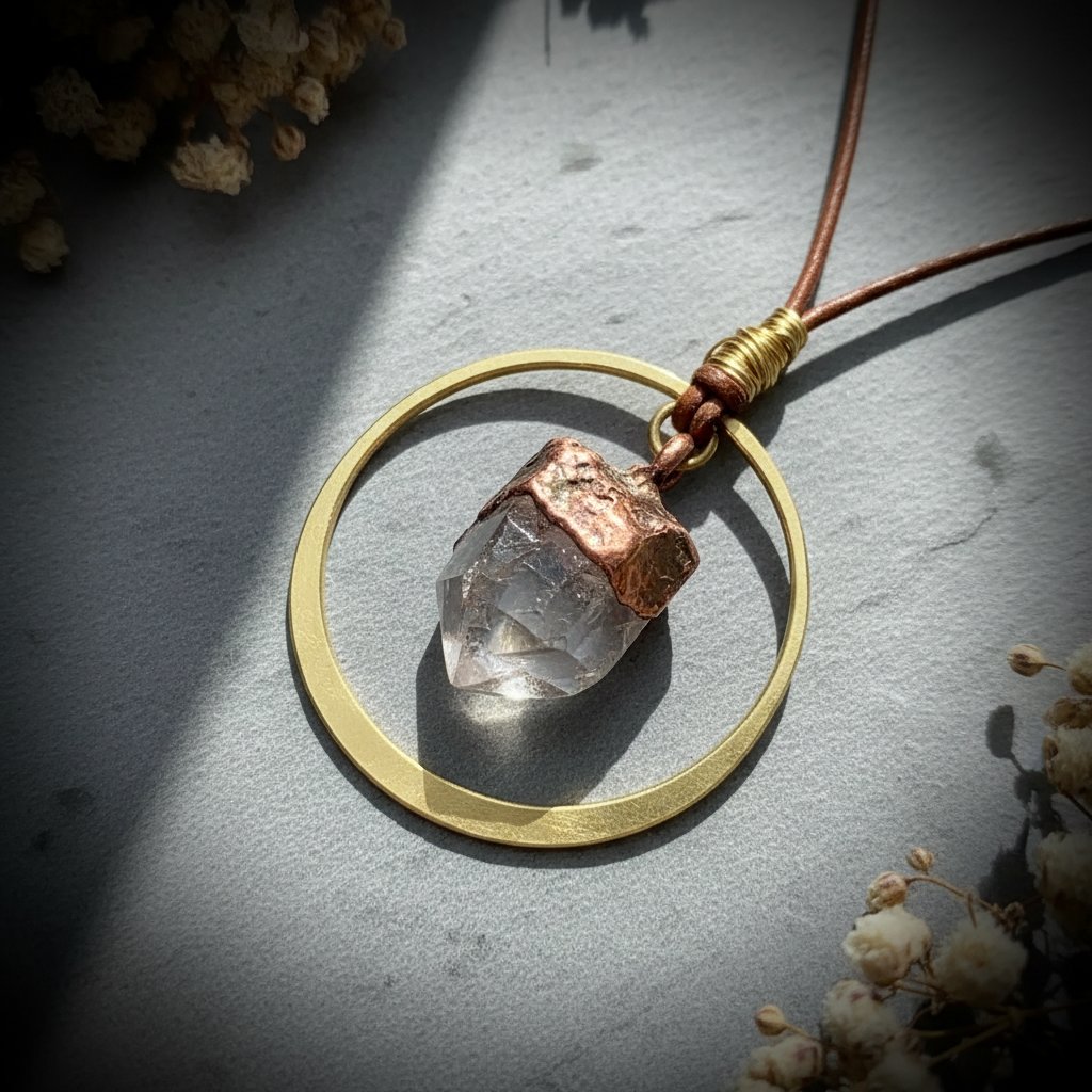 Santa Fe Marketplace Quartz Point Hoop Necklace | Raw Crystal | Handcrafted Brass & Copper | Made to Order Product Image: Quartz Point Hoop Necklace | Raw Crystal | Handcrafted Brass & Copper | Made to Order