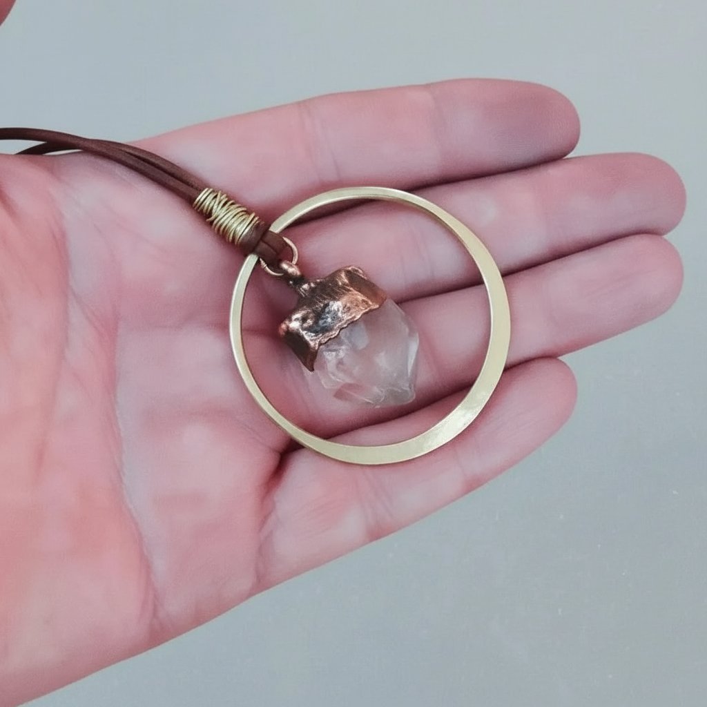 Santa Fe Marketplace Quartz Point Hoop Necklace | Raw Crystal | Handcrafted Brass & Copper | Made to Order Product Image: Quartz Point Hoop Necklace | Raw Crystal | Handcrafted Brass & Copper | Made to Order