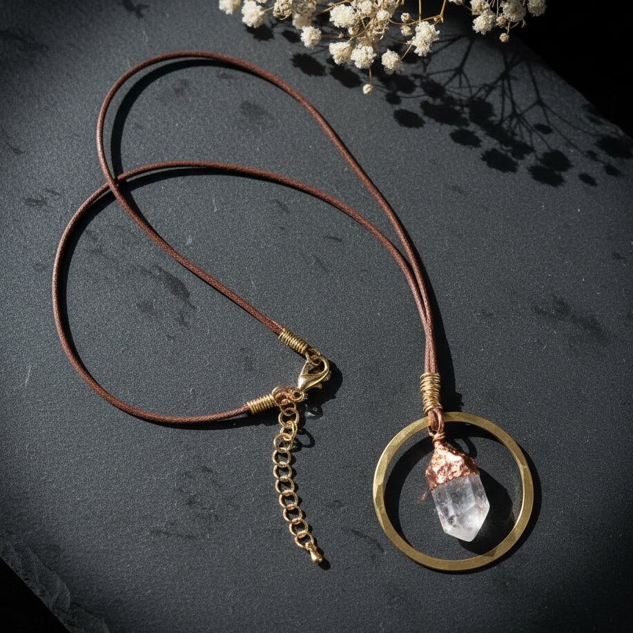 Santa Fe Marketplace Quartz Point Hoop Necklace | Raw Crystal | Handcrafted Brass & Copper | Made to Order Product Image: Quartz Point Hoop Necklace | Raw Crystal | Handcrafted Brass & Copper | Made to Order