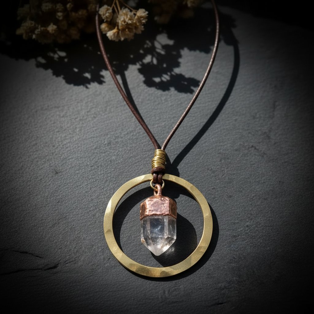 Santa Fe Marketplace Quartz Point Hoop Necklace | Raw Crystal | Handcrafted Brass & Copper | Made to Order Product Image: Quartz Point Hoop Necklace | Raw Crystal | Handcrafted Brass & Copper | Made to Order