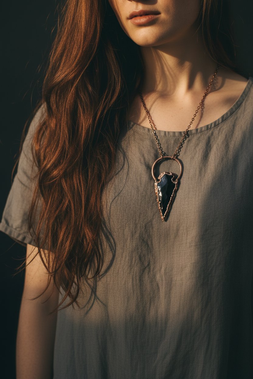 Santa Fe Marketplace Raw Obsidian Arrowhead Necklace | Electroformed Copper | 20″ Chain | Made to Order Product Image: Raw Obsidian Arrowhead Necklace | Electroformed Copper | 20″ Chain | Made to Order