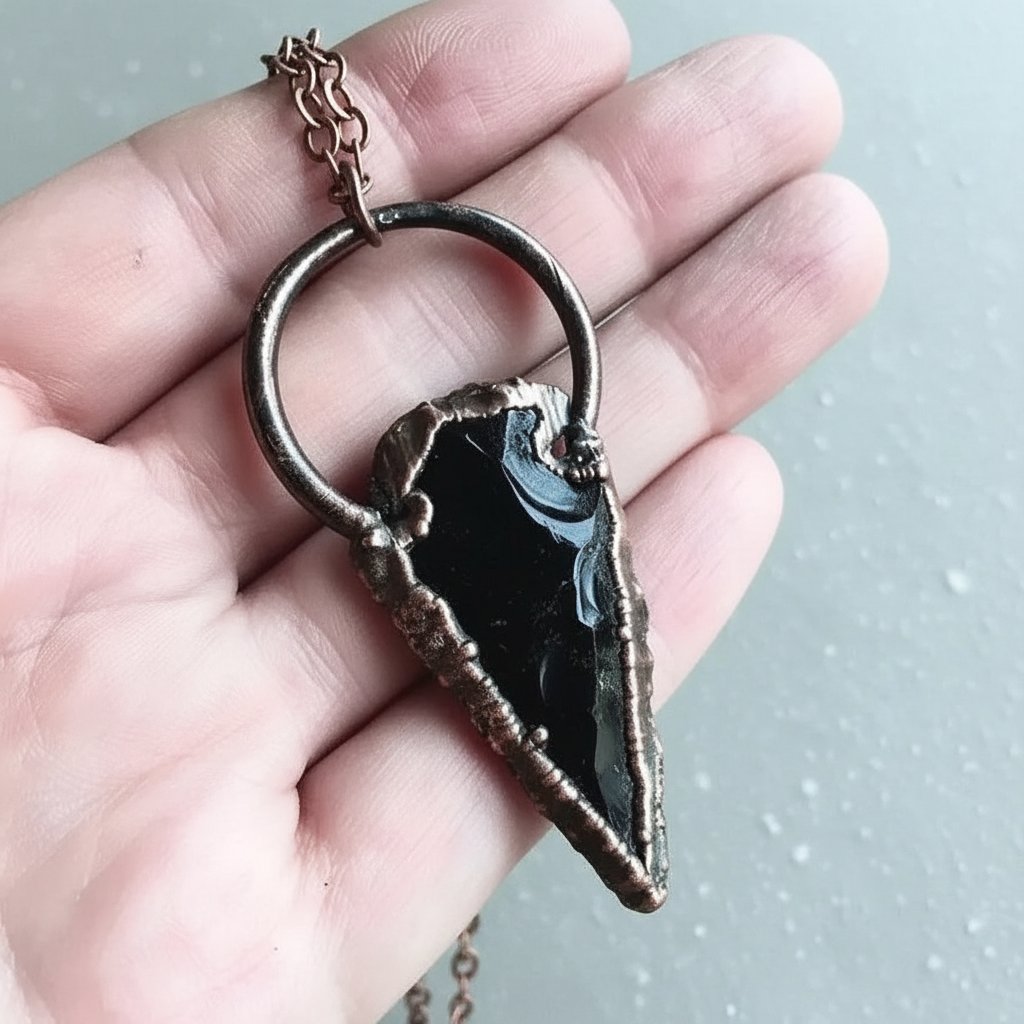 Santa Fe Marketplace Raw Obsidian Arrowhead Necklace | Electroformed Copper | 20″ Chain | Made to Order Product Image: Raw Obsidian Arrowhead Necklace | Electroformed Copper | 20″ Chain | Made to Order
