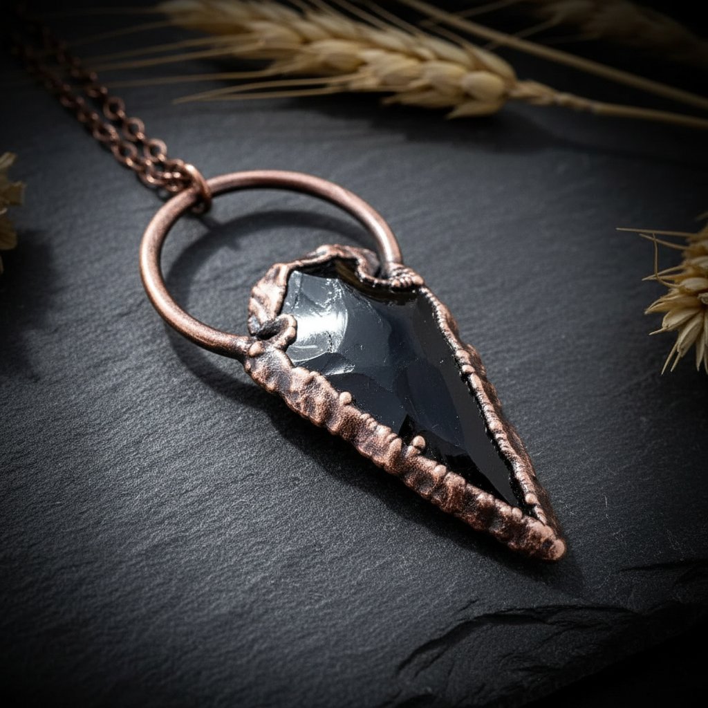Santa Fe Marketplace Raw Obsidian Arrowhead Necklace | Electroformed Copper | 20″ Chain | Made to Order Product Image: Raw Obsidian Arrowhead Necklace | Electroformed Copper | 20″ Chain | Made to Order