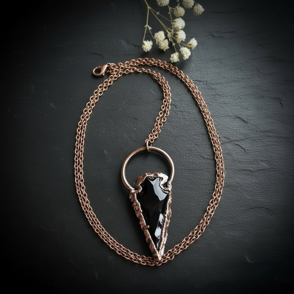 Santa Fe Marketplace Raw Obsidian Arrowhead Necklace | Electroformed Copper | 20″ Chain | Made to Order Product Image: Raw Obsidian Arrowhead Necklace | Electroformed Copper | 20″ Chain | Made to Order